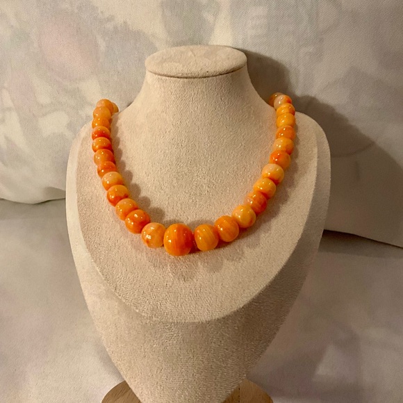 Vintage Orange Swirl Round Onyx Beaded Necklace Artisan Mexico Large Beads